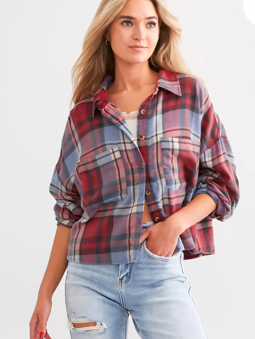 Modish Rebel Plaid Boyfriend Cropped Flannel Shirt, L, Style#104234, NWT